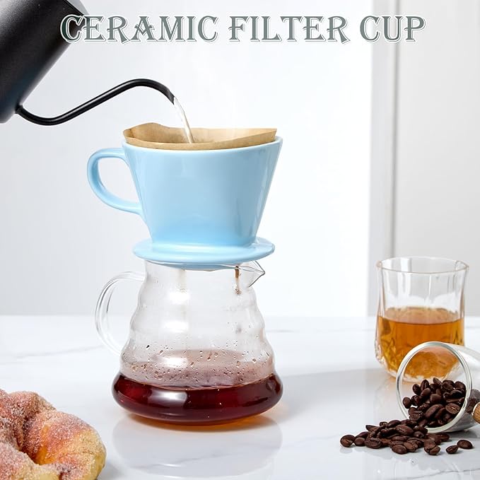 Pour Over Coffee Dripper, Ceramic Pour Over Coffee Maker with 3 Holes Flat Bottom, Easy Manual Brew Maker, Porcelain Slow Filter Cone for Travel, Camping, Office, Home, Blue
