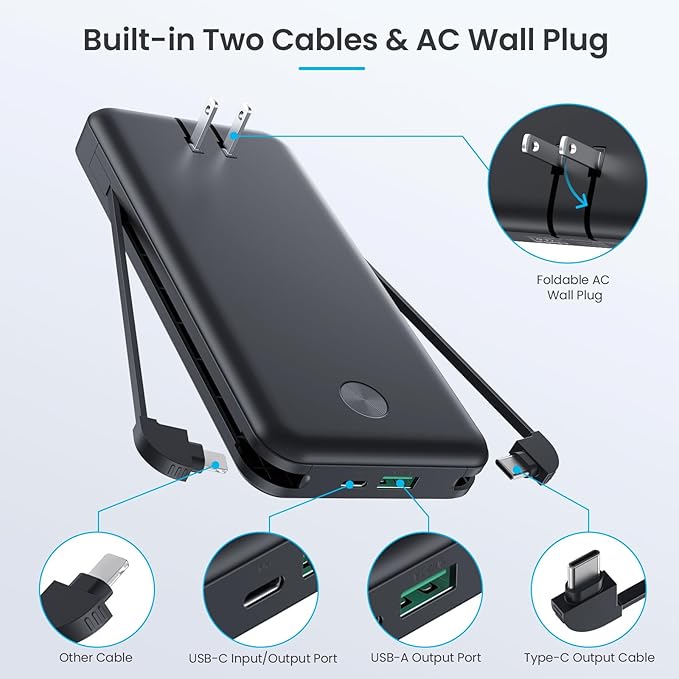 Portable Charger with Built-in AC Plug and Cables,13800mAh USB C Fast Charging Power Bank,Travel Essentials Portable Phone Charger Battery Pack for iPhone 17/16/15/14/13,Galaxy,Android-Graphite Black