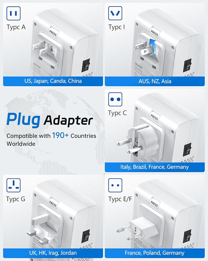 DOACE 220V to 110V Converter - 350W Cordless Voltage Converter US to Europe Power Adapter Combo with 4-Port USB Charging & Worldwide Plugs (UK/AU/US/EU) for Hair Straightener, Curler, Phone