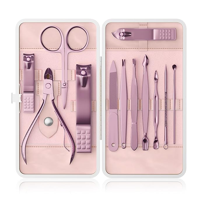 ZIZZON Professional Nail Care Kit, 12-Piece Manicure & Pedicure Grooming Set with Travel Case, Stainless Steel Nail Clippers, Cuticle Trimmer & Beauty Tools, Portable Gift Set(Pink)