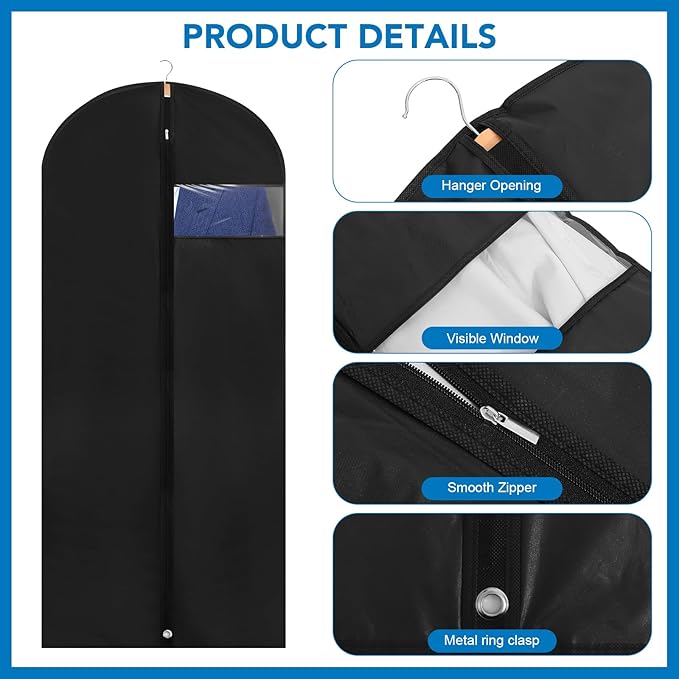 Dntorx 1 Pack Garment Bags with Clear Window, 60" Clothes Covers with Zipper, Transparent Hanging Suit & Coat Covers for Closet Storage, Jackets, Dresses, Windbreakers