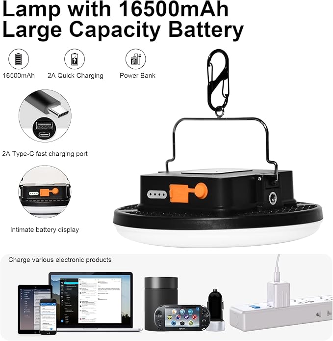 IODOO 16500mAh 60W Rechargeable Camping Light with Remote 3000LM 2700/4000/6500K LED Camping Lantern Portable IP65 Waterproof Tent Lights Power Failur