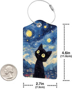 2 Pack Luggage Tag for Suitcase, Cute Unique Leather Bag Tags Identifiers Privacy Cover ID Label with Durable Steel Loop for Women Men Kids Girls Travel, Black cat Sky
