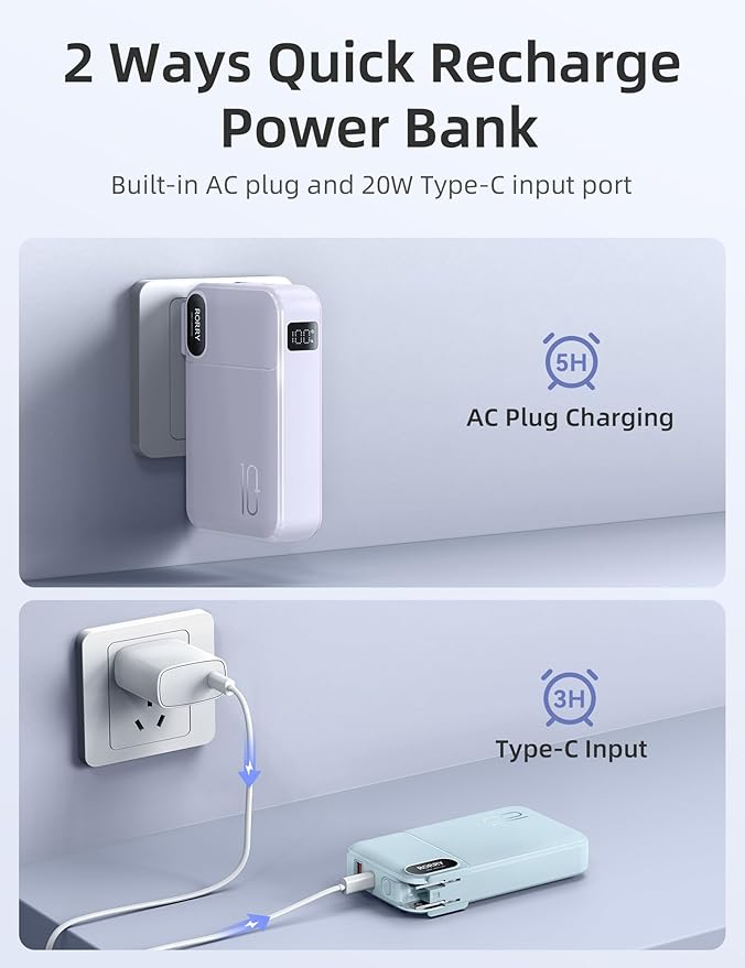 RORRY Portable Charger Built in Cables, AC Wall Plug in Portable Charger Power Bank 10000mAh Travel Battery Pack 22.5W Fast Charging for iPhone 17/16/15 Samsung Galaxy S25/S24 Pixel LG iPad, Purple