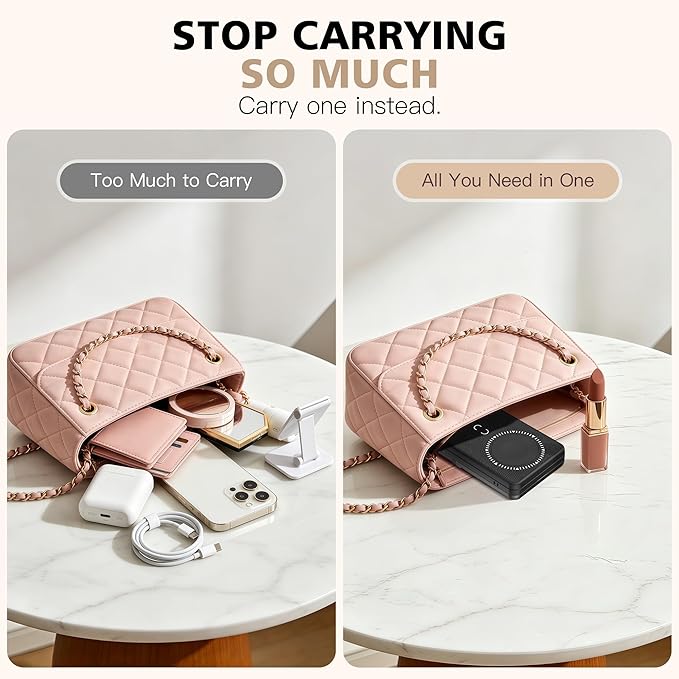 Magnetic Wireless Power Bank, 5000mAh Portable Charger with LED Makeup Mirror & Phone Stand, 20W USB-C Fast Charging Battery Pack for iPhone 17/16/15/14/13/12 Series, Black Totem