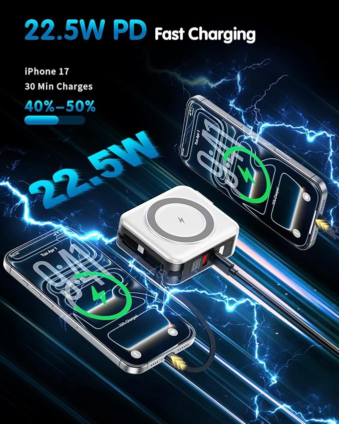 6-in-1 for Magsafe Portable Charger with Built-in Cables & Wall Plug,10000mAh Magnetic Wireless Power Bank,22.5W Fast Charging USB C Battery Pack,Travel Essentials for iPhone 17/16/15/14/13/12,White