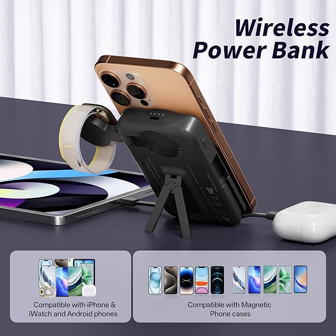 Magnetic Portable Charger Built-in Cables,10000mAh Fast Charging Wireless Charger Station External Battery Pack Slim Pocket Size Power Bank with Stand Compatible with iWatch, iPhone