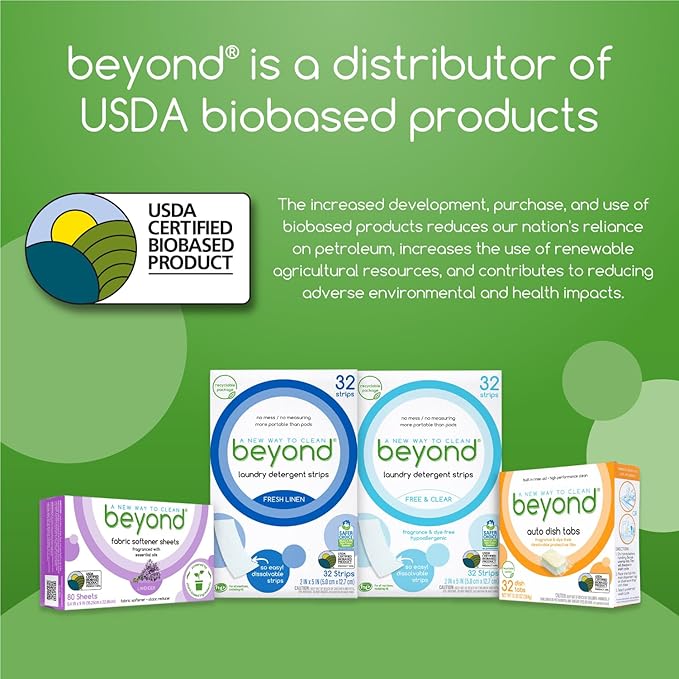 Beyond Laundry Detergent Strips [12 packs of 32 strips] - Free & Clear - Eco-friendly, Hypoallergenic. Travel friendly. Dissolvable Strips