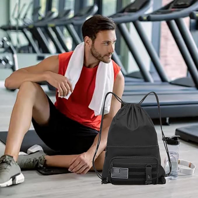 seyfocnia Drawstring Backpack Tactical String Bag with Zipper Pockets Waterproof Cinch Bag Sport Gym Sackpack - Black