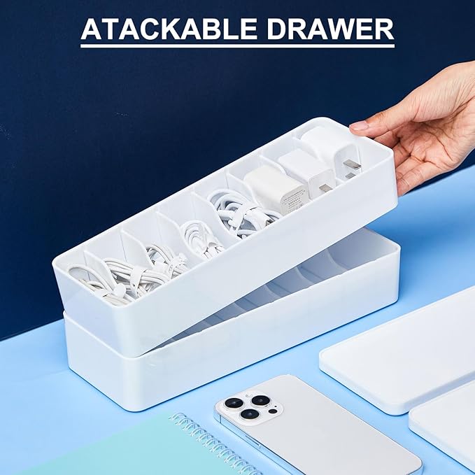 Tatuo 2 Pcs Cable Organizer Box with Wire Ties, Plastic Cord Storage Box with Lid, Electronics Organizer for Home Office Desk Organizers and Accessories (White)
