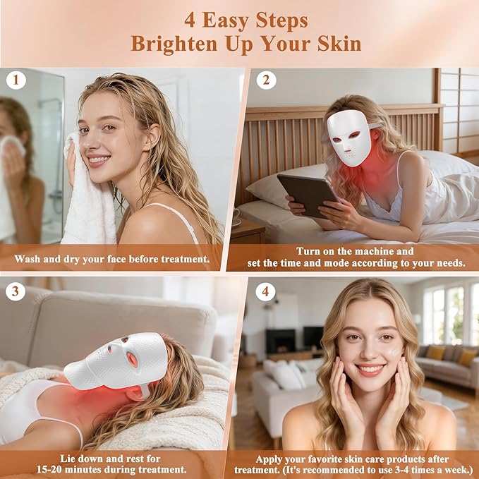 LED Light Therapy Mask for Face and Neck, Cordless & Rechargeable, Infrared,Red & Blue Light for Wrinkles and Acne Care, Full Coverage Skincare Device