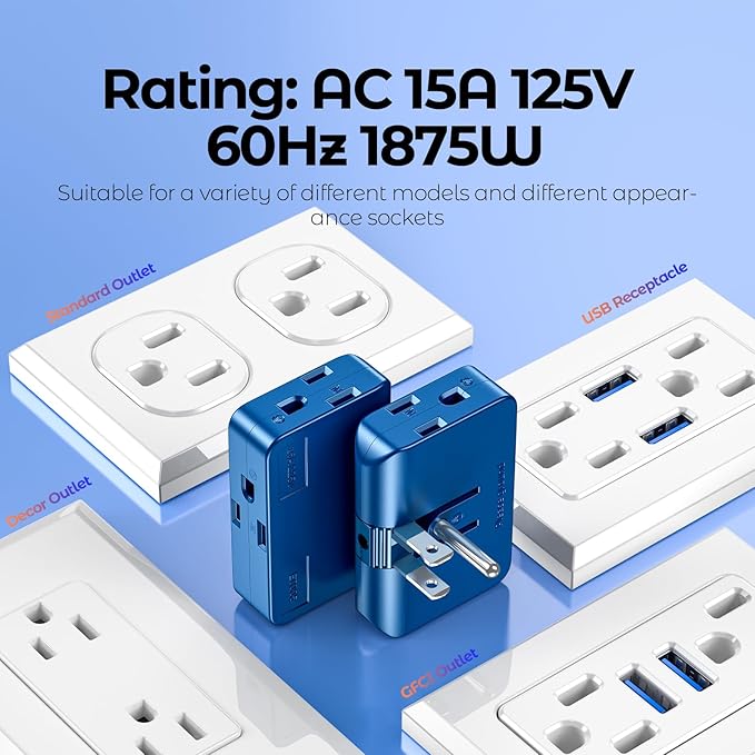 2-Pack Blue Outlet Splitter with 3 Prong Plug Extender - 3 Plug Wall Adapter, Converts 2 to 3 & 3 to 2 Prong, Ideal for Multiple Outlet Wall Plug Needs suitable for air travel/fits in carry-on luggage
