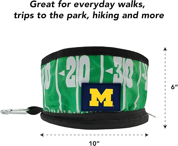 NCAA Michigan Wolverines Collapsible Dog Travel Bowl, Food and Water Bowl for Dogs & Cats. Best Portable & Lightweight Leak-Proof Pet Bowl for Travel with Football Field & Pebble-Grain Design.