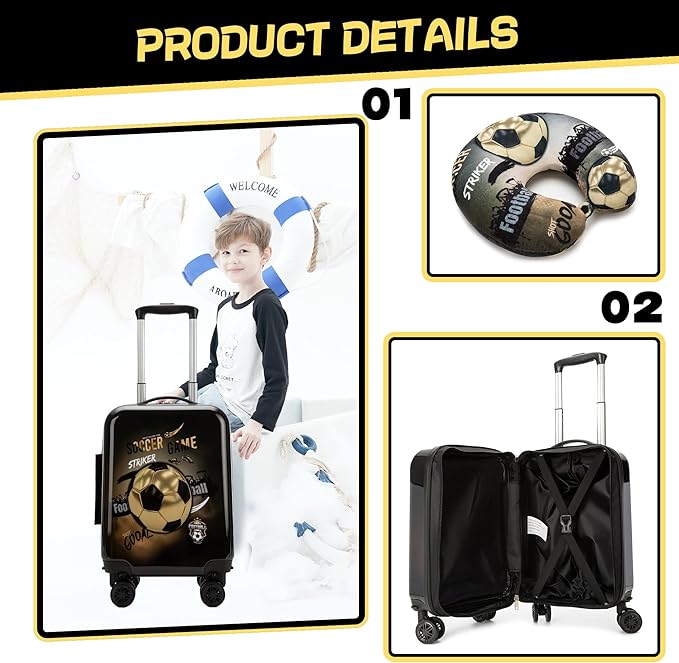 Kid’s Luggage Set 2 Piece Suitcase Set 16’’ Hardside Luggage with Spinner Wheels Girls Boys Carry on Toddler Luggage Travel Rolling Luggage Carry on Luggage Airline Approved Football