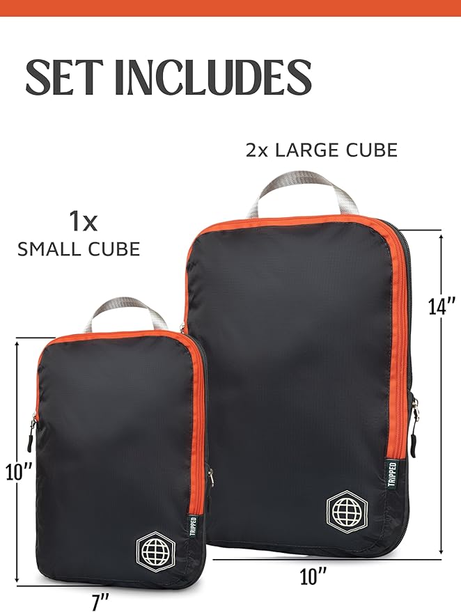 Compression Packing Cubes for Travel, 3-Piece Lightweight Packing Cubes Set for Carry-On Luggage & Backpacks – TRIPPED Travel Gear (Grey and Orange)