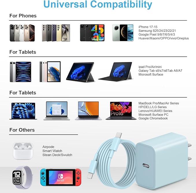 MYBEER iPhone 17 16 15 Charger Fast Charging, [ETL Certified] 2 Pack 10FT USB C Charger Cable with 20W Type C Fast Charging Block for iPhone 17/17 Pro/17 Pro Max/16/16 Pro/16 Pro max/16 Plus/15（Blue）