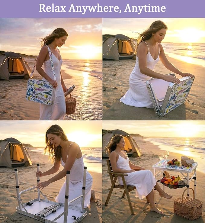 Folding Camping Table 2ft Portable Picnic Table Adjustable Height, Small Lightweight Aluminum Foldable Card Table,Hands-Free Carry for Outdoor Camp BBQ Beach (Blooming Floral with Shoulder Strap)