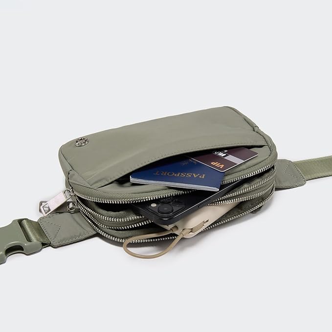 Pander Everywhere Belt Bag for Women, 5 Zipper Pockets Nylon Crossbody Fanny Pack Purse (Grey Sage).