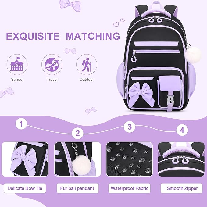DIGOBAY Backpack for Girls, 3PCS Girls Backpack for School with Lunch Bag Pencil Case, Cute Kids Teens Bookbag for Kindergarten Elementary Preschool Middle School (Black-Purple)