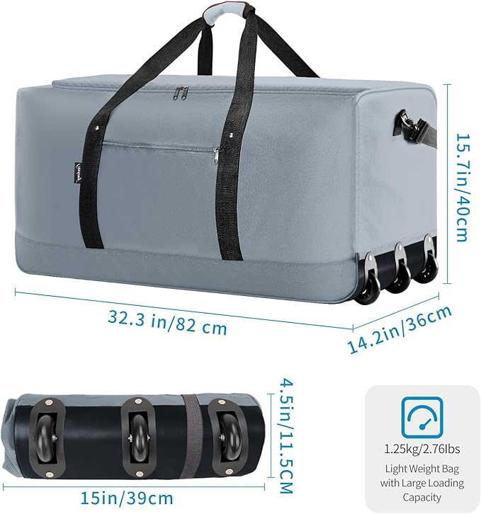 Finnhomy 120L Foldable Rolling Duffel Bag with 3 Wheels, Light Weight Travel Duffel bag with Large Loading Capacity, 32'' Rolling Duffel bag with Shoulder Strap