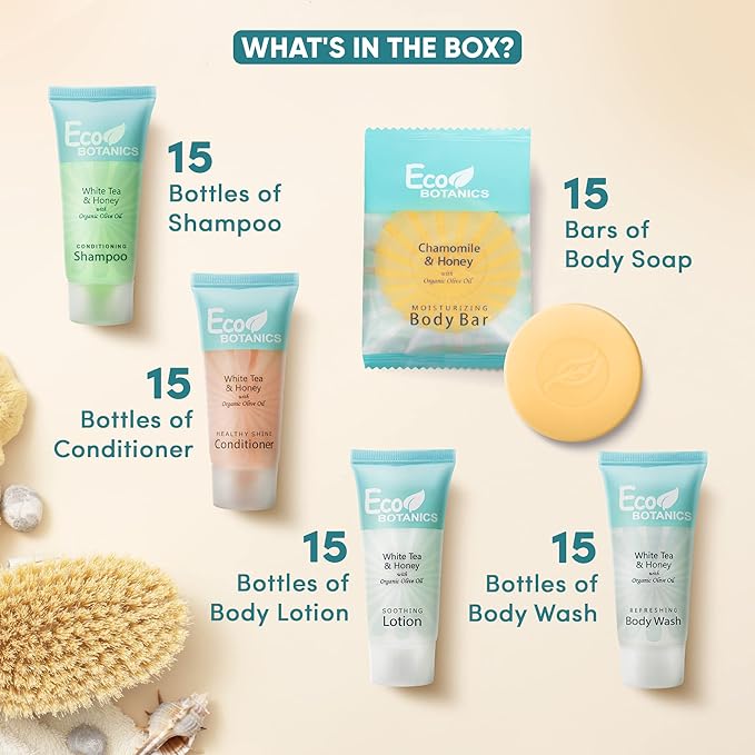 Travel Size Hotel Toiletry Set 75 Count 0.85 oz Bottles Guest Amenities for Airbnb Vacation Rentals and Short Term Rentals Paraben Free White Tea Scent Infused with Aloe and Olive Oil by Eco Botanics