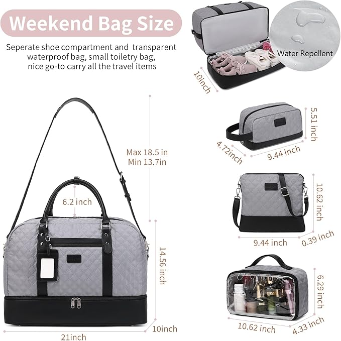 Wogarl 4PCS Weekender Bags for Women Large Overnight Weekend Travel Duffel Carry on Shoulder with Shoe Compartment Canvas Toiletry Bag for Travel Business Gym