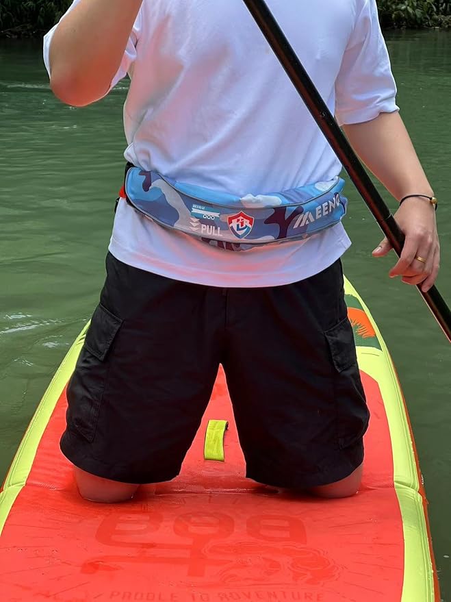 Automatic Inflatable Belt Pack Water Sports Jacket Waist Belt PFD for SUP Paddleboarding Fishing Boating Kayaking（fit 80-330 lbs） (Blue camouflage)