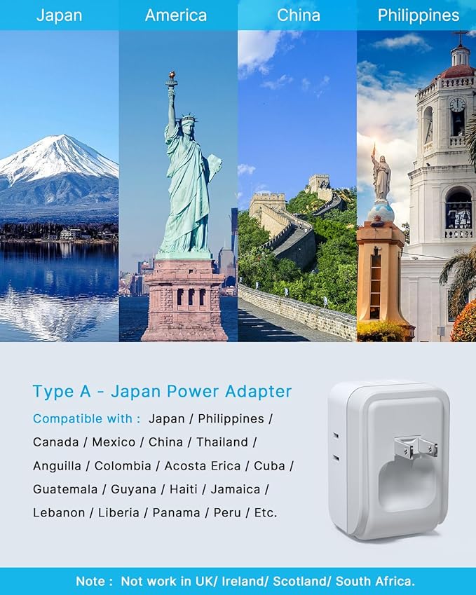 1 Pack US to Japan Plug Adapter, VINTAR Foldable Japan Power Adapter with 4 Outlets and 3 USB Ports(2 USB C), 2 Prong to 3 Prong Outlet Adapter for USA to Japan China Canada Philippine, Type A