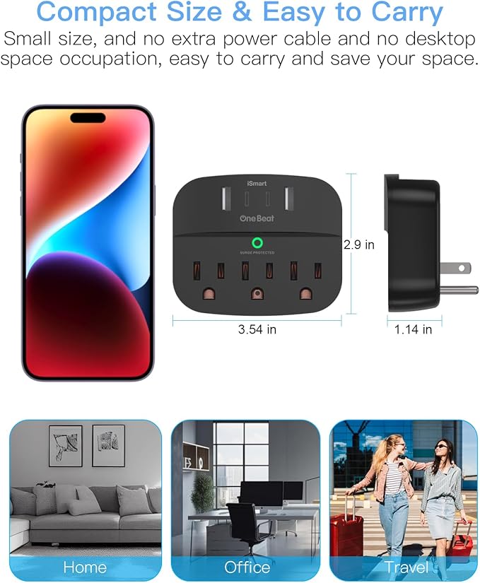 2 Pack Multi Plug Outlet Splitter with USB, Surge Protector Outlet Extender with 3 Wall Outlets 4 USB Wall Charger(2 USB C), 490 Joules, ETL Listed, Small Outlet Adapter Plug Extender for Travel,Black