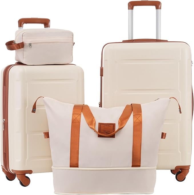 2 Piece Luggage Sets with Bags, Lightweight ExpanableCarry on Luggage Sets, Hardshell ABS Spinner Wheels Suitcase with TSALock,for Women Men, 20 IN & 24 IN, Khaki+Brown