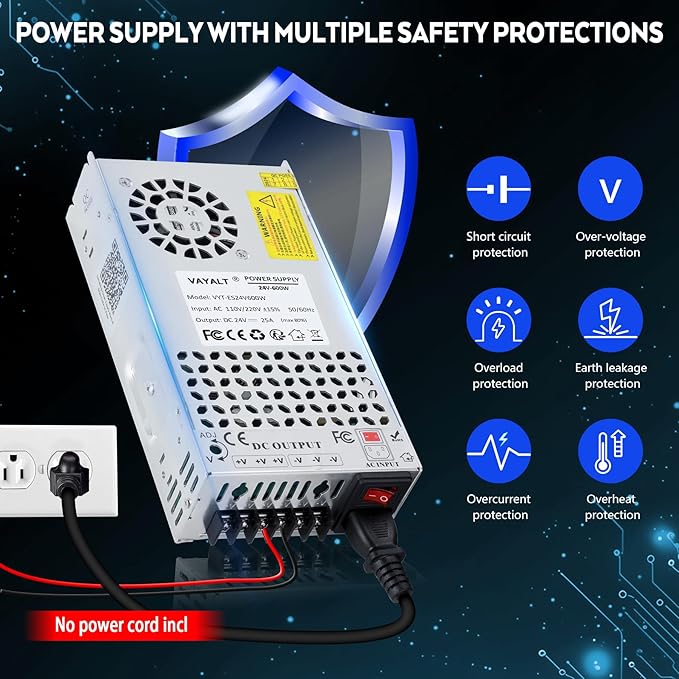 VAYALT 24V 25A 600W DC Switching Power Supply, Universal Regulated Switching AC 110V/220V to DC 24V Transformer, 24V Power Supply for Industrial, CCTV,Computer Project, LED Strip Light (No power Cord)
