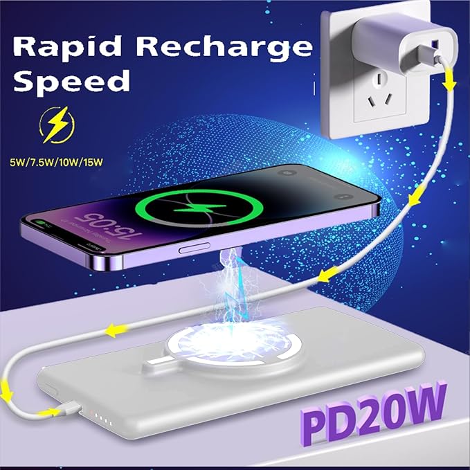 Magnetic Battery Pack for iPhone /17/16/15/14/13/12 Series, 10,000mAh Mag-Safe Battery Pack, Slim Mag-Safe Power Bank Charger, Power Bank Magnetic Charger for iPhone (White)