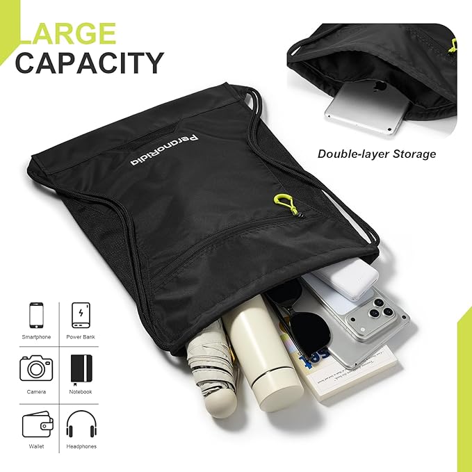 Waterproof Sackpack Drawstring Backpack for Men/Women, Lightweight Sports Bag Holds Shoes for Gym, Beach, Swim, Hiking, Running & Cycling, Anti-Stain with Quick-Access Mesh Pocket, Black