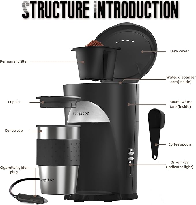 Portable Coffee Maker for Travel Camping Car, Compact Drip Coffee Machine Single Serve with 10oz Travel Mug for Traveling, RV, Office, Camping, 12V Socket, Black