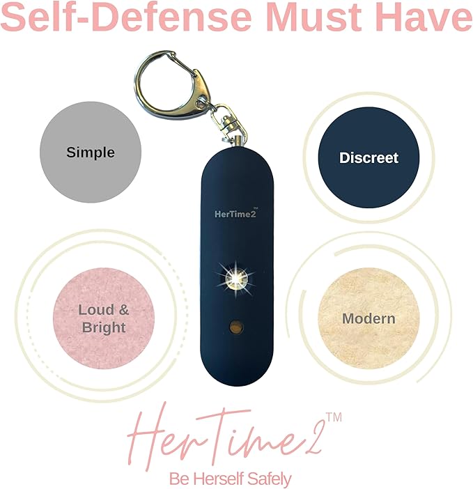 HerTime2 Personal Safety Alarm for Women - Loud Self Defense Siren, Waterproof Keychain with Strobe Light - Battery Powered, Black