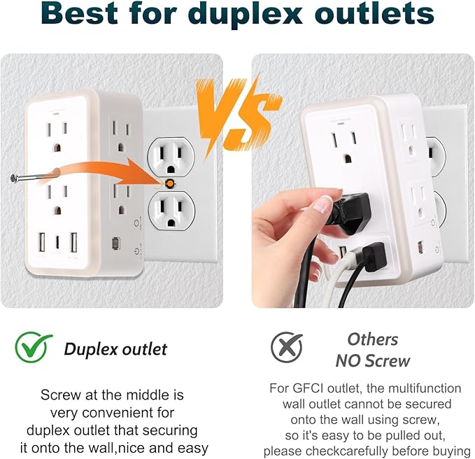 Outlet Extender with Night Light, Surge Protector Wall Mount with 6 AC Outlets and 3 USB Ports (1 USB C), Multi Plug Outlet Splitter, Dorm Room Essentials for Home, Office, Travel, FCC Listed