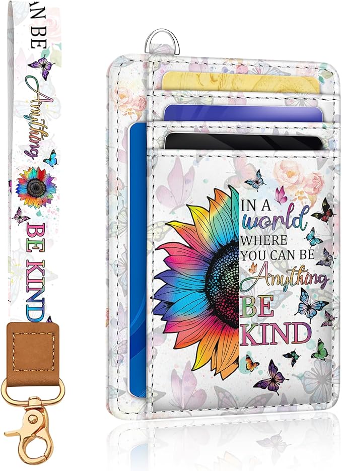 Yonlevres Be Kind Credit Card Holder Slim Wallet, RFID Wallet Women Front Pocket Wristlet Lanyard, Small Card Holder Travel Funny Cute Thin Card Case ID Window PU Leather Card Organizer Gifts Girls