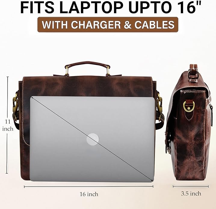RUSTIC TOWN 16" Leather Laptop Messenger Bag for Men - Full Grain Leather Briefcase Computer Satchel Office Crossbody Bag