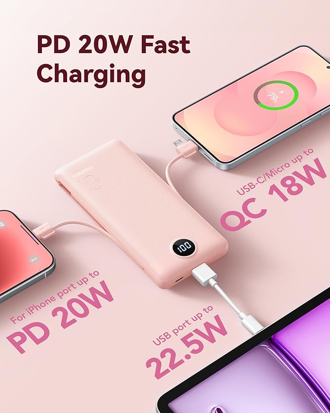 VRURC Portable Charger Power Bank - 10000mAh Fast Charging 22.5W PD 20W Portable Charger with Built in Cables, Portable Charger with Cords External Charger Travel Accessories-Pink