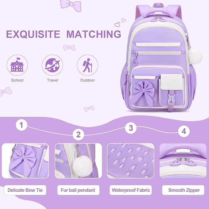 DIGOBAY Backpack for Girls, 3PCS Girls Backpack for School with Lunch Bag Pencil Case, Cute Kids Teens Bookbag for Kindergarten Elementary Preschool Middle School (Purple)