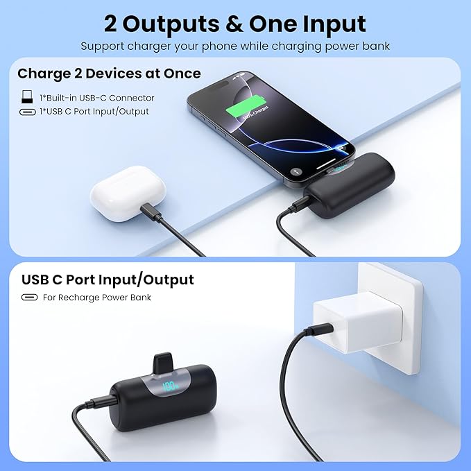 [2 Packs]Mini Portable Charger for iPhone 17/16,5500mAh LCD Display USB C Power Bank,Fast Phone Charging Travel Pocket Size Battery Pack for iPhone 17/17 Pro Max/Air/16/15 Series,Android(Black+Navy)
