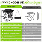 CAMDOOR Portable Collapsible Stool, 16″Folding Stool with 3 Side Pockets and Shoulder Strap, Extra Large Camping Chair Supports 400 lbs, Ultralight Portable Seat for Outdoor, Hiking, Fishing (Black)