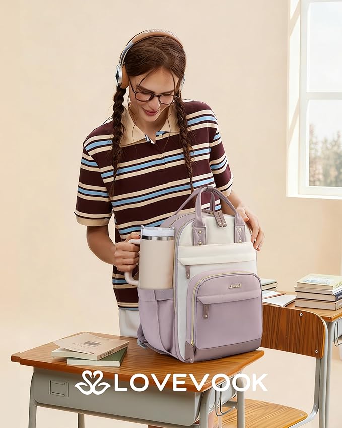 LOVEVOOK Laptop Backpack Women with Tumbler Holder,15.6 inch Work Travel Backpack Computer Laptop Bag,Cute College Nurse Teacher Backpack Purse,Gifts for Women & Men,Light purple-Beige-Pinkish purple