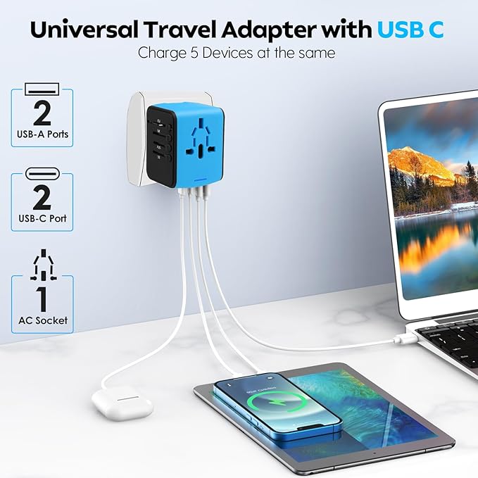 JMFONE Universal Travel Adapter, 4 USB C/A Ports & 2500W AC Outlets, All-in-One International Power Plug Adapter for All USB Devices, Worldwide Travel Charger for Europe US UK AU 200+ Countries (Blue)