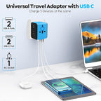JMFONE Universal Travel Adapter, 4 USB C/A Ports & 2500W AC Outlets, All-in-One International Power Plug Adapter for All USB Devices, Worldwide Travel Charger for Europe US UK AU 200+ Countries (Blue)