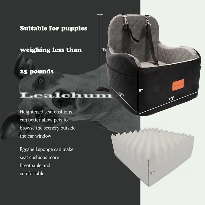 Lealchum Dog Booster Car Seat for Small/Medium Dogs,6in Memory Foam Elevated Cushion,Fully Detachable and Washable,2 Clip-On Safety Leashes,Anti-Slip Base(Black/Grey,Medium)