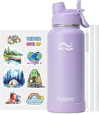 Swigina [2-IN-1 LID] Insulated Water Bottle with Silicone Boot (36hrs Cold/18hrs Hot) - DIY Stickers, Leakproof, BPA Free, 32 oz