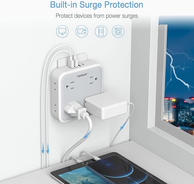 USB Wall Charger, Surge Protector Outlet Extender, TESSAN Outlet Splitter with USB C Charger Block, 8 AC Multiple Power Splitter Surge Protector for Office Home Kitchen Dorm Room