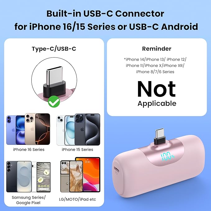 [2 Packs]Mini Portable Charger for iPhone 17, 5500mAh LCD Display USB C Power Bank,Fast Phone Charging Travel Pocket Size Battery Pack for iPhone 17/17 Pro/17 Pro Max/16/15 Series,Android(Black+Pink)