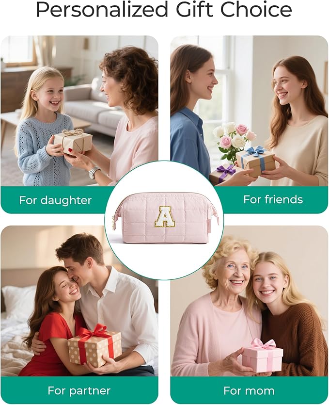 BAGSMART Birthday Gifts Personalized Initial Makeup Bag, Trendy Stuff Gifts for Women Bridesmaid Graduation, Puffy Padded Make Up Bags for Women, Wide-open Toiletry Bag, Pink A